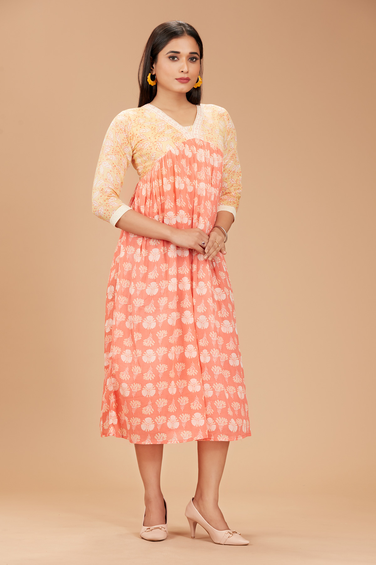 Yellow & Peach Printed Flare Dress